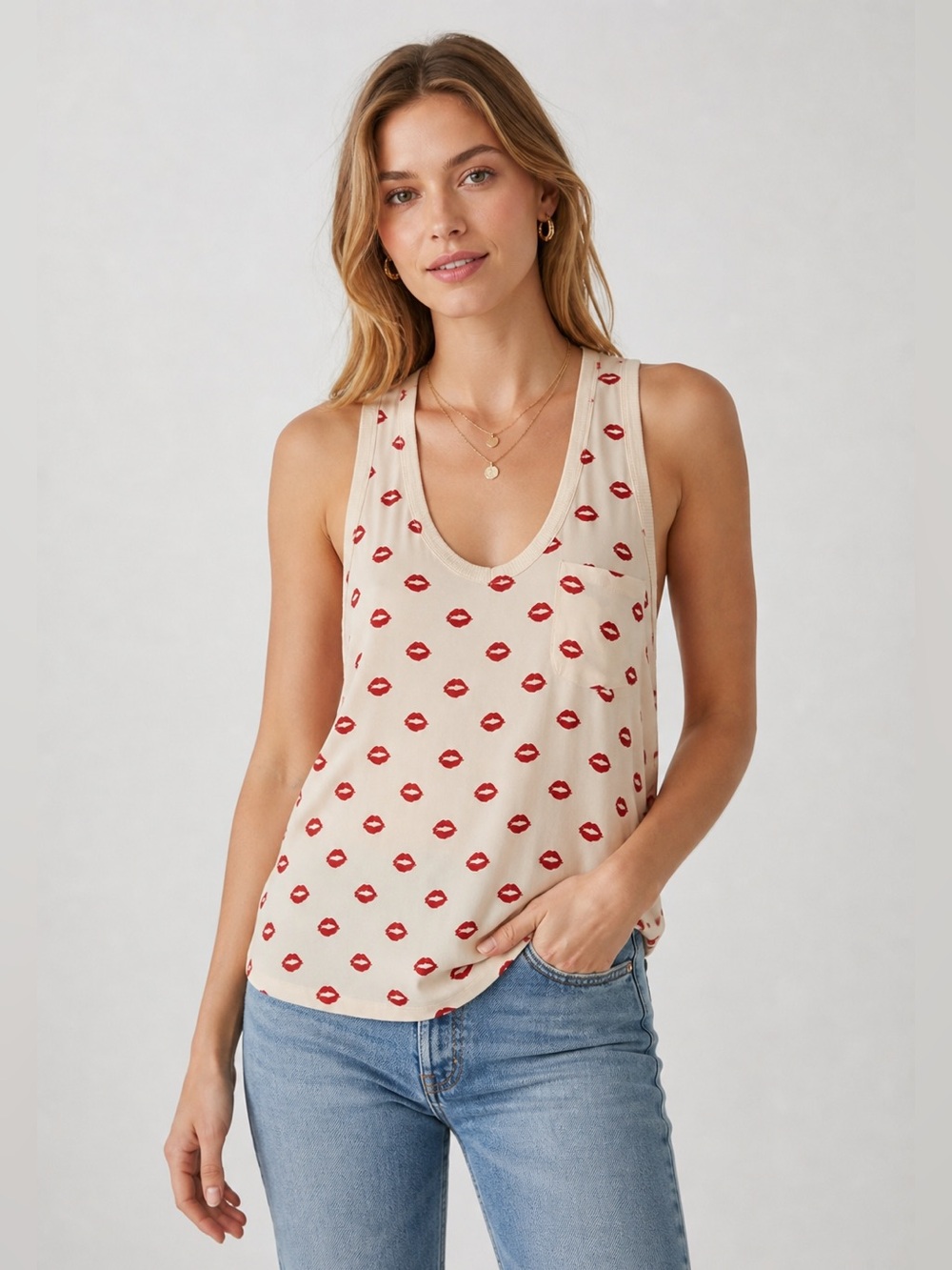 Joie Silk Red Lips Print Racerback Tank Top